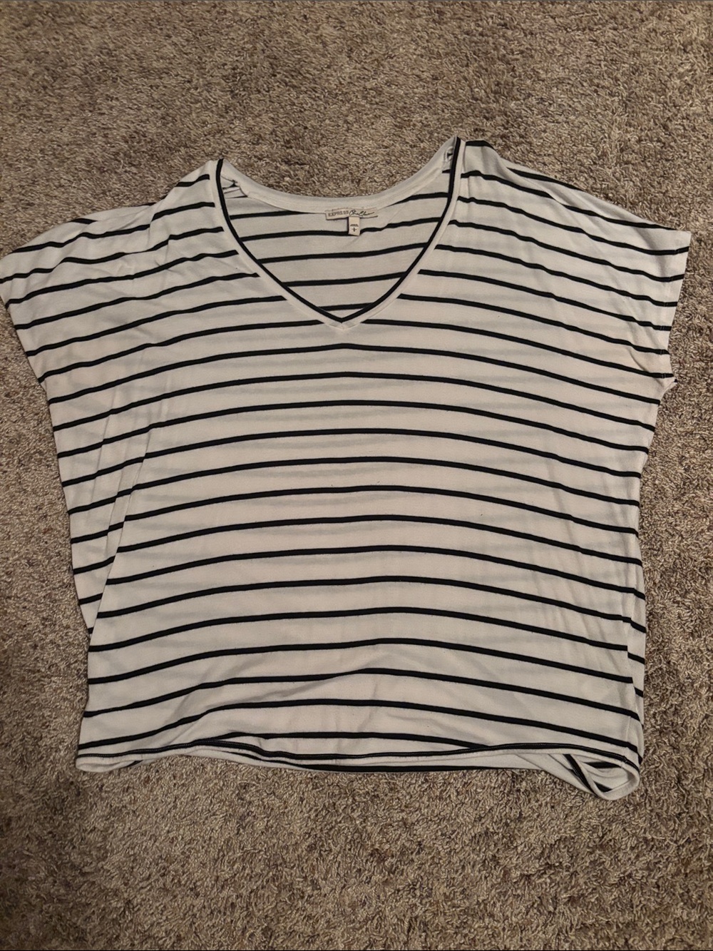 Express White and Black Striped V-Neck Short Sleeve Top